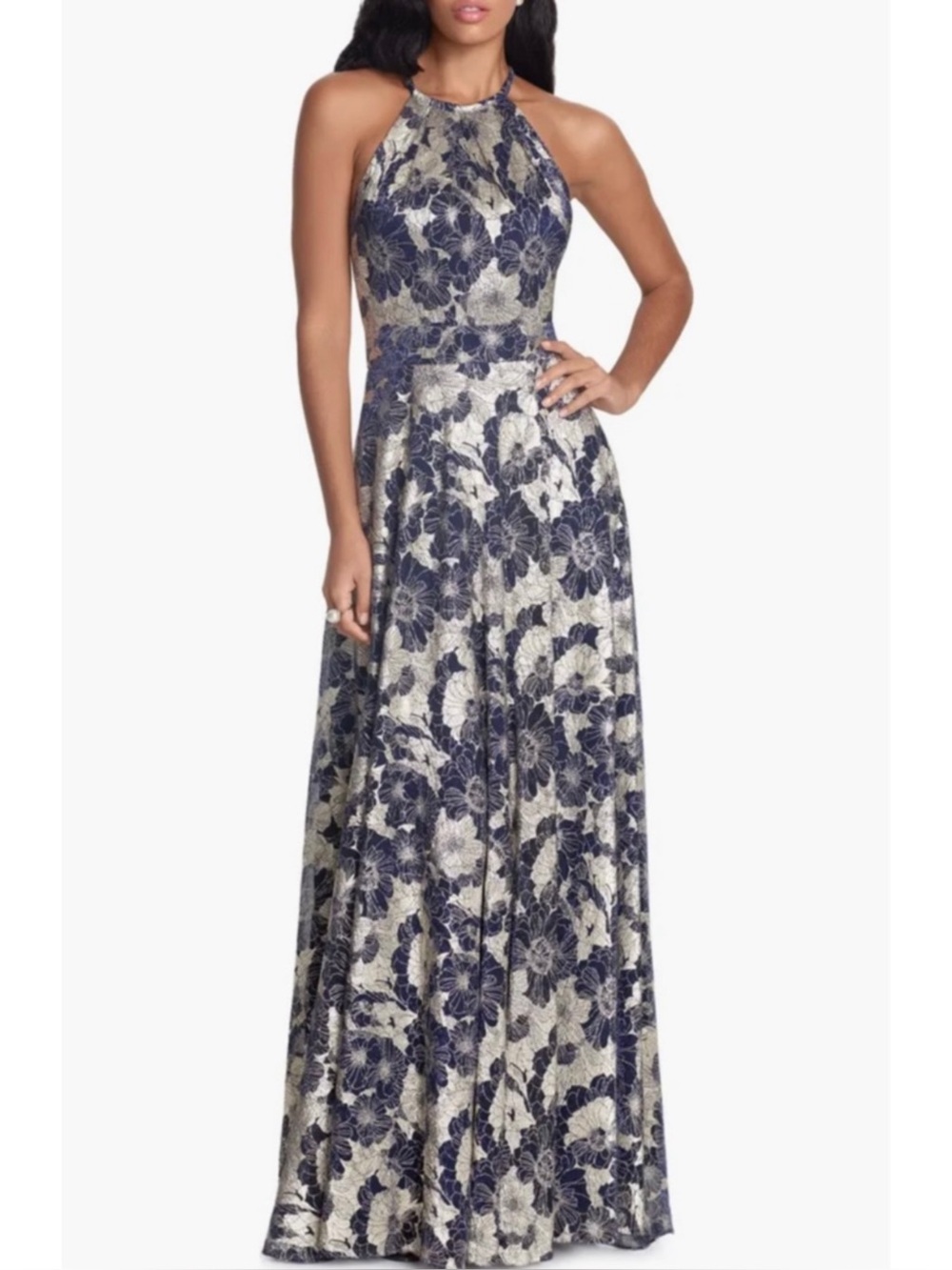 Betsey & Adam Metallic Floral Navy Blue Halter Gown Formal Dress